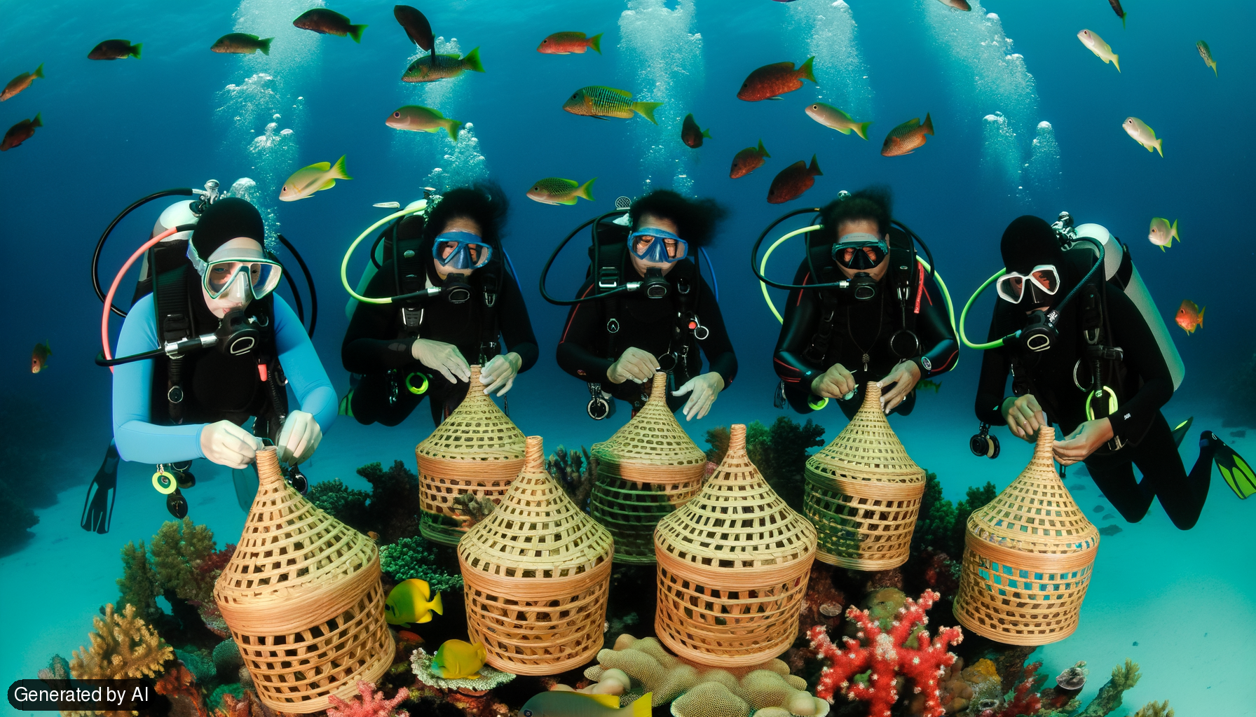 Underwater basket weaving with scuba divers, on a reef with fish swimming around them - Generated by AI